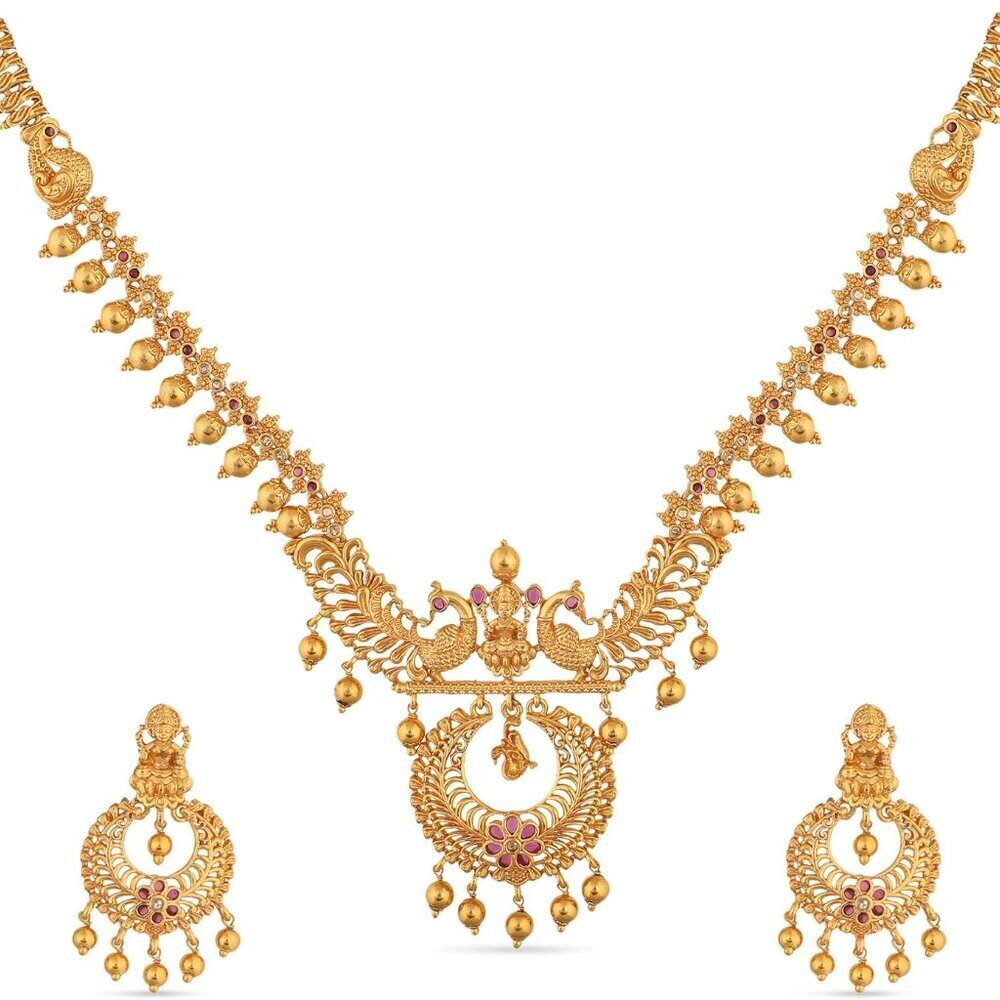 Gold Plated Brass Short Necklace Set with Peacock Design for Women
